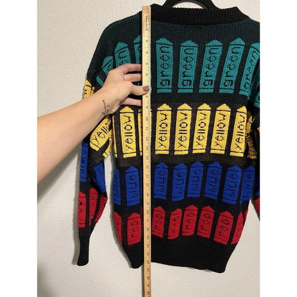 Vintage Knitted Sweater Crayons - Red Blue Yellow Green - Size M - Picture 4 of 5